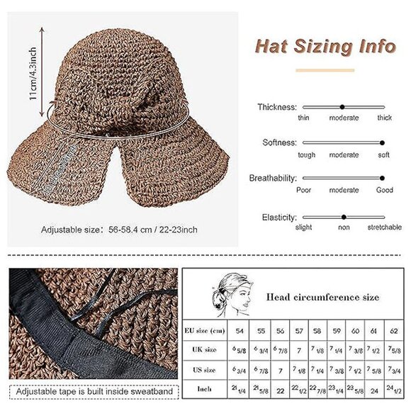 Wide Brim Floppy Straw Beach Sun Hat 2 Pack Khaki & Black - Picture 4 of 9